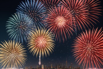 Naklejka premium Fireworks exploding in red white at night