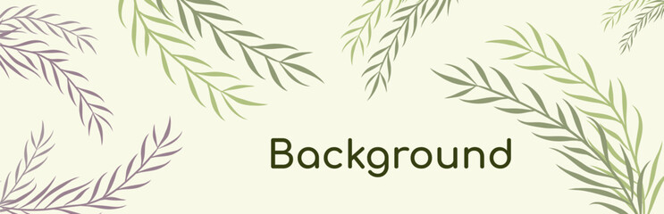 Horizontal Border with branches green and purple herbs. Vector banner with green tropical leaves. Design frame for decoration of medical articles and websites, print, postcards, covers, posters.