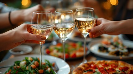 Friends toasting champagne glasses at a holiday dinner party