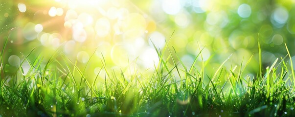 Obraz premium A field of grass is illuminated by the sun, creating a bright and cheerful atmosphere. The grass is lush and green, and the sun's rays are shining through the trees, casting a warm glow over the scene