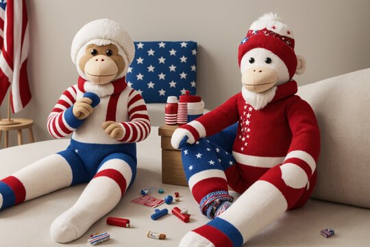 Fourth of July themed sock monkey on white surface