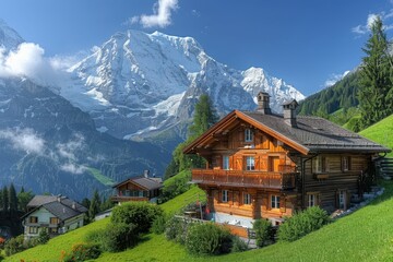 Obraz premium A picturesque Swiss village nestled in the mountains, with chalets, snow-covered peaks, and green meadows.