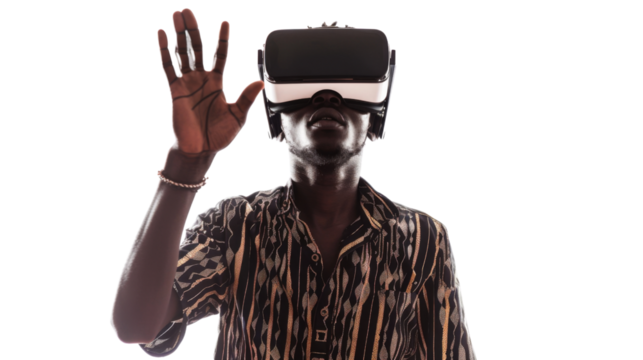 Black man wearing virtual glasses on transparent background