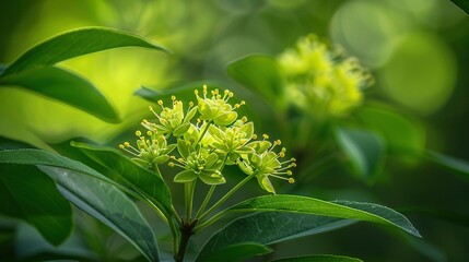   A close-up image of a plant with vibrant green foliage in the foreground and a soft blur in the background