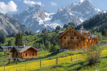 Fototapeta premium A picturesque Swiss village nestled in the mountains, with chalets, snow-covered peaks, and green meadows.