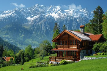 Fototapeta premium A picturesque Swiss village nestled in the mountains, with chalets, snow-covered peaks, and green meadows.