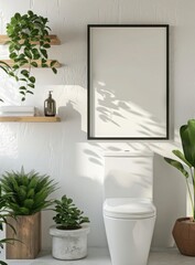 The white wall had a toilet and shelf with plants and blank poster frame in background