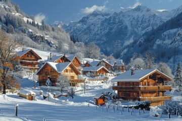 A picturesque Swiss village nestled in the mountains, with chalets, snow-covered peaks, and green meadows.