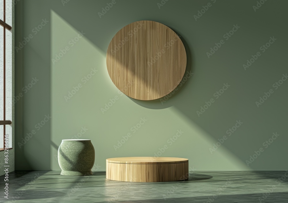 Fototapete this 3d rendering shows a circular platform and a rectangular platform with textured surfaces.
