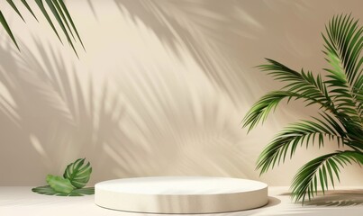 Obraz premium The background of the rendering shows a monstera leaf at the bottom of the podium