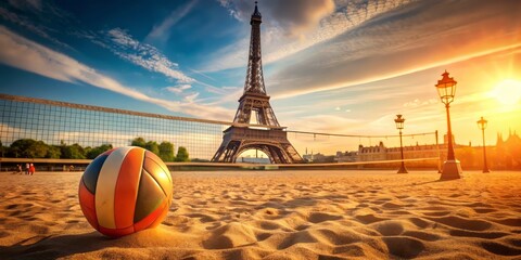 Vibrant orange volleyball lies on sun-kissed sandy court in Paris, iconic iron lattice tower rises in the distance, capturing the essence of summer sports glory.