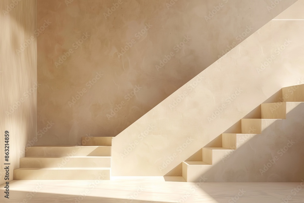 Poster symbolizing minimalism, with space for copy on a beige abstract background with shadows