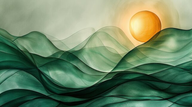   A painting depicting a sunball floating amidst undulating emerald waves and distant mountain ranges