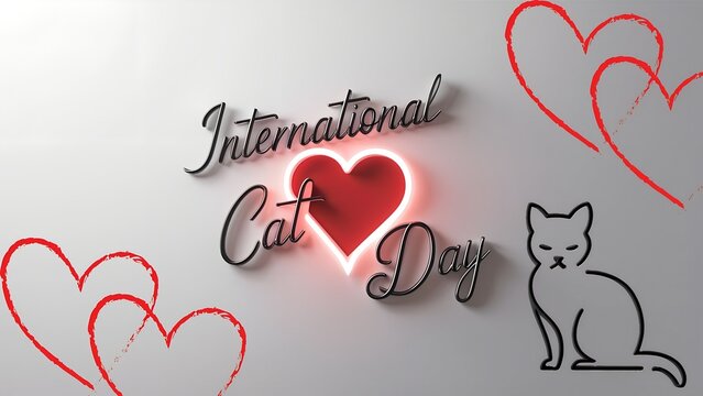 Card "Happy International Cat Day" with silhouette of a black cat and hearts