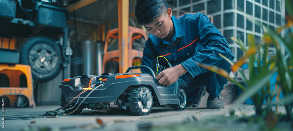 Poster technician utilizing diagnostic tools for robotic lawnmower maintenance in workshop setting