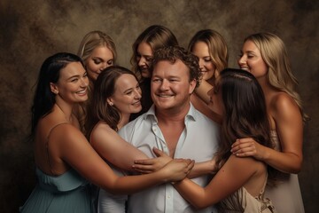 Obraz premium A man is embraced lovingly by a group of eight women, all smiling and showing affection, representing themes of love, friendship, and the joy of human connection in a warm environment.