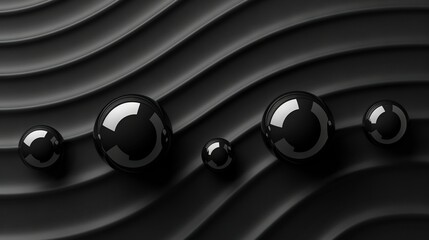   A collection of black spheres resting atop an undulating black background, featuring a central white ring within the photograph