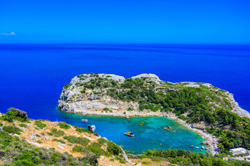 Anthony Quinn Bay - beautiful coast scenery with paradise beach on Rhodos island - travel destination in Greece, Europe