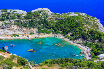 Anthony Quinn Bay - beautiful coast scenery with paradise beach on Rhodos island - travel...