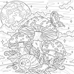 Fly agaric mushrooms with snail and butterfly against the background of the moon.Coloring book antistress for children and adults. 
