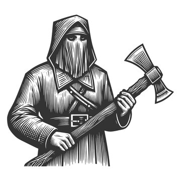 recommend clip art:  Grim Reaper executioner with Axe sketch engraving generative ai fictional character vector illustration. Scratch board imitation. Black and white image.