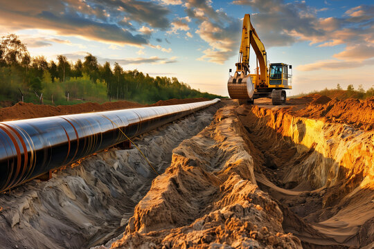 Pipelayer at Maroon Twilight: Pipe Installation in Industrial Site