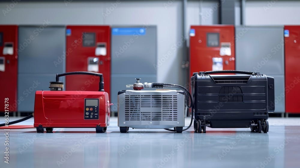 Aufkleber comparison of three advanced red gasoline generators in a modern workshop environment