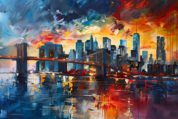 oil painting on canvas view of new york river and bridge modern abstract artwork painting American city urban