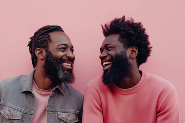 Happy gay couple smiling at each other. A heartwarming and vibrant image capturing affection and joy, useful for articles, advertisements, and social media about LGBTQ+ relationships and love