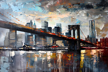 oil painting on canvas view of new york river and bridge modern abstract artwork painting American city urban