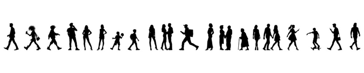 vector illustration. silhouettes of people walking along the street. Large set of characters of different ages.	