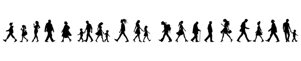 vector illustration. silhouettes of people walking along the street. Large set of characters of different ages.	