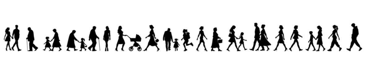 vector illustration. silhouettes of people walking along the street. Large set of characters of different ages.	
