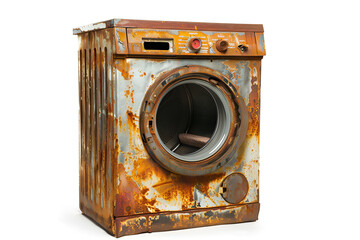 old rusty broken washing machine isolated on white background