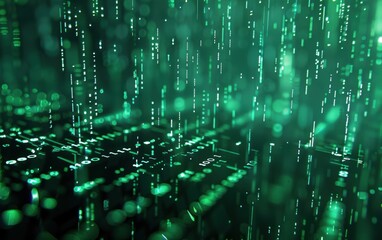 Technology abstract background, digital matrix code rain, monochromatic green hues, layered binary numbers, cyberpunk aesthetic