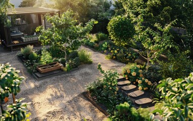 A serene garden pathway surrounded by lush greenery during golden hour
