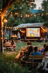 Outdoor Cinema Event with Guests Enjoying Movies and Popsicles Under the Stars