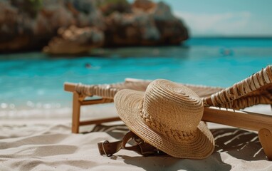 Mediterranean seaside lifestyle with a close-up shot of a straw hat and bag lying on a sandy beach, against a backdrop of turquoise blue waters and a wooden lounge chair