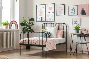 Black metal frame bed with pastel pink and white bedding, a small desk on the right side of the wall