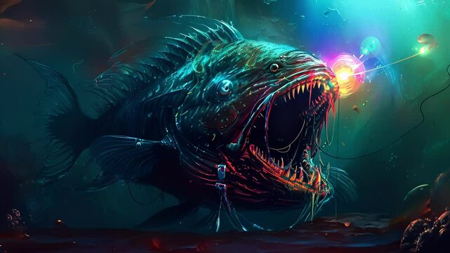 A mysterious dark abyss where gigantic anglerfish with rainbowcolored lure lights lurk their presence both terrifying and mesmerizing.