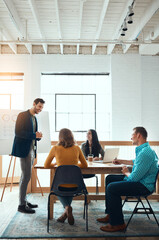 Business people, group and leader with presentation for planning, meeting and brainstorming ideas....
