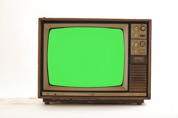 Vintage 1970s TV with Green Screen for Video Editing – Isolated on White Background