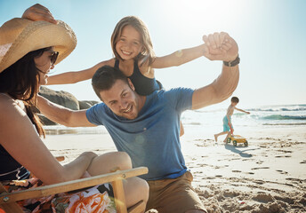 Father, girl and piggy back at beach, vacation and portrait in summer, excited or happy for...