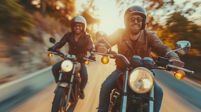 Joyful bikers on a road trip at sunset. Ideal for themes of freedom, adventure, and friendship in travel and lifestyle advertising.