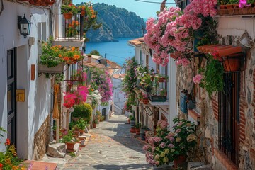 Fototapeta premium A picturesque village in the Mediterranean, with narrow streets, white-washed buildings, and blooming flowers. 