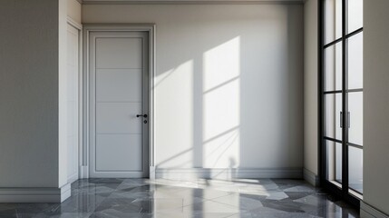 Obraz premium Architecturally designed room with a closed door a window with black glass allowing for natural light