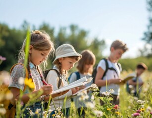  A group of children on a field trip in nature, in their hands holding notebooks and pens. generative ai