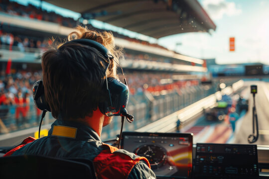 Controller of a formula 1 team watching and supervising the race