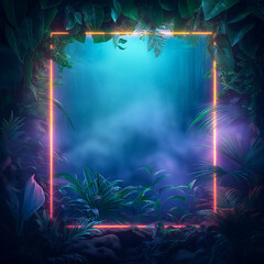Fototapeta premium Neon Botanical Wall Art with Tropical Plants and Glowing Frame - Modern Home Decor 