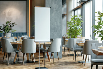 A mockup of an empty blank white poster stand stands upright in the middle of the floor a modern restaurant with green plants and wood accents